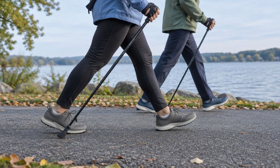 Close view of walking shoes and the angled rubber feet of two Nordic poles on pavement mid-stride