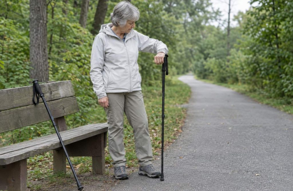 An older walker at a trailhead bench checking the height of a walking pole against their elbow before a walk