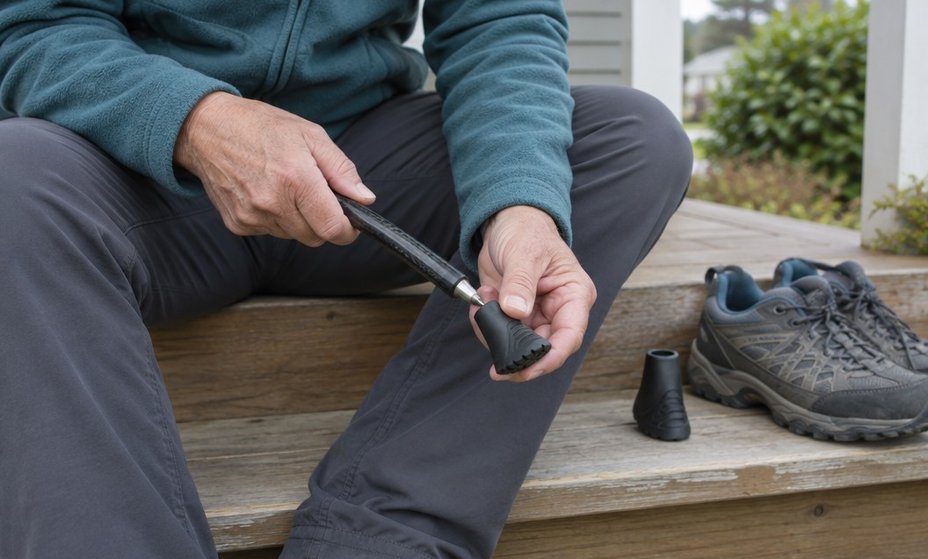 Hands swapping a rubber foot onto the metal tip of a walking pole on a porch step