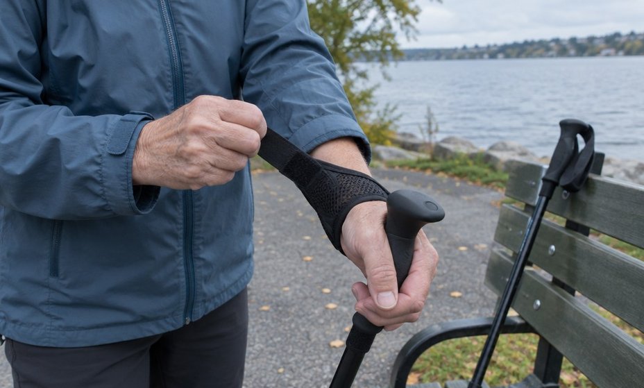 Hands fastening a glove-style strap of a Nordic walking pole before setting off