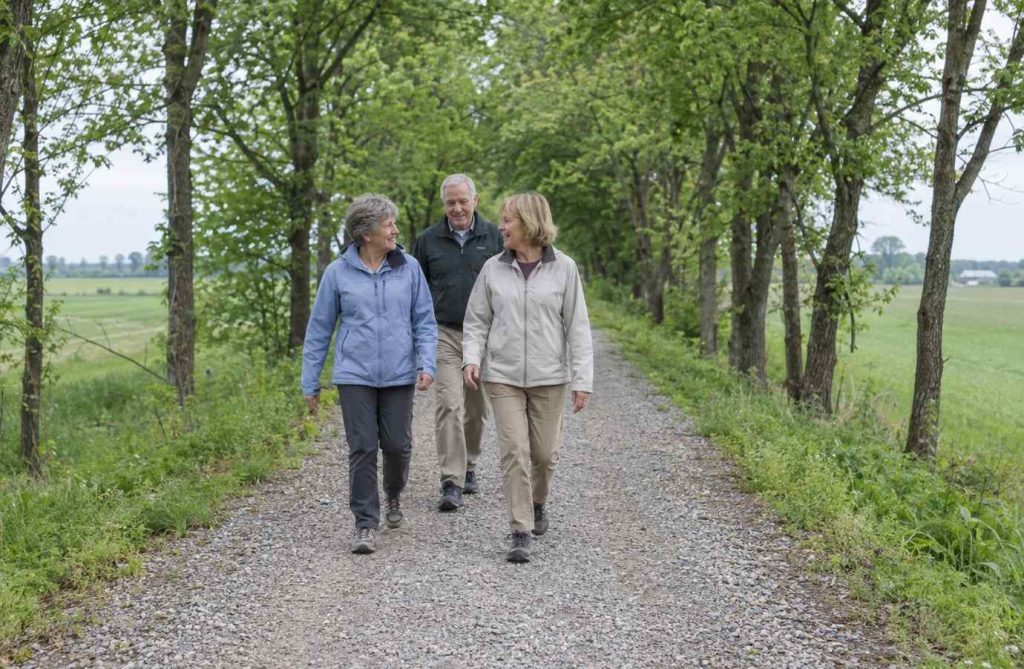 Three older walkers on a straight, level crushed-stone trail lined with trees, walking toward the camera