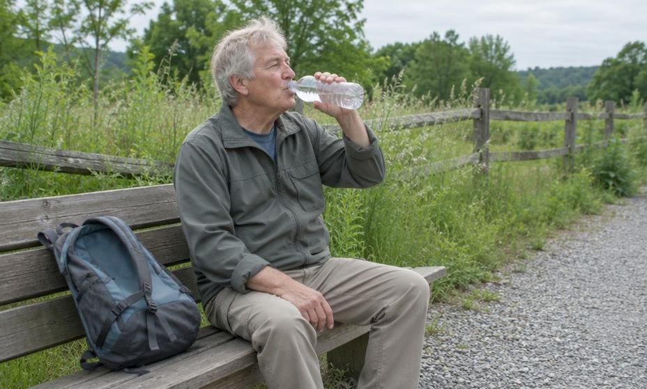 An older walker resting on a plain wooden bench beside a gravel rail-trail, water bottle in hand