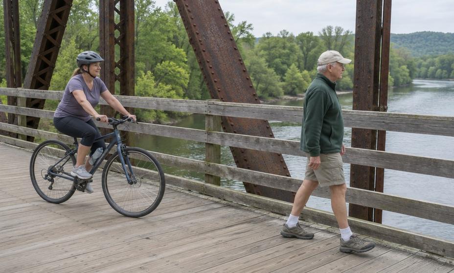 A walker crossing an old iron railroad bridge converted to a trail, with a cyclist passing on the left