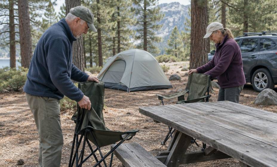 An older couple setting up two folding chairs beside a picnic table at a pine campsite
