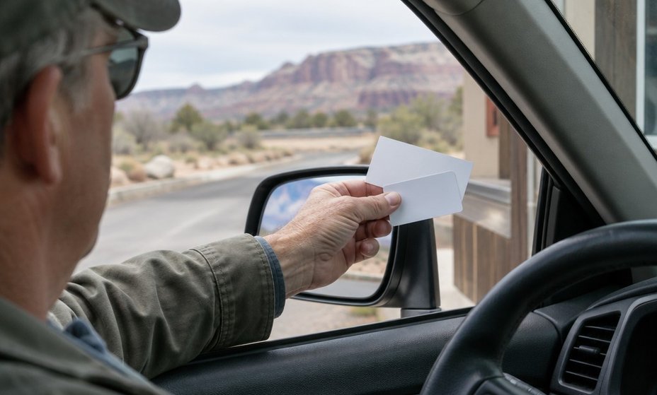 A driver's hand passing a plain card and a photo ID through a car window