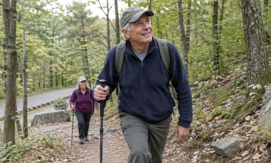 An older hiker pausing for breath on a gentle uphill trail, hand on a walking pole