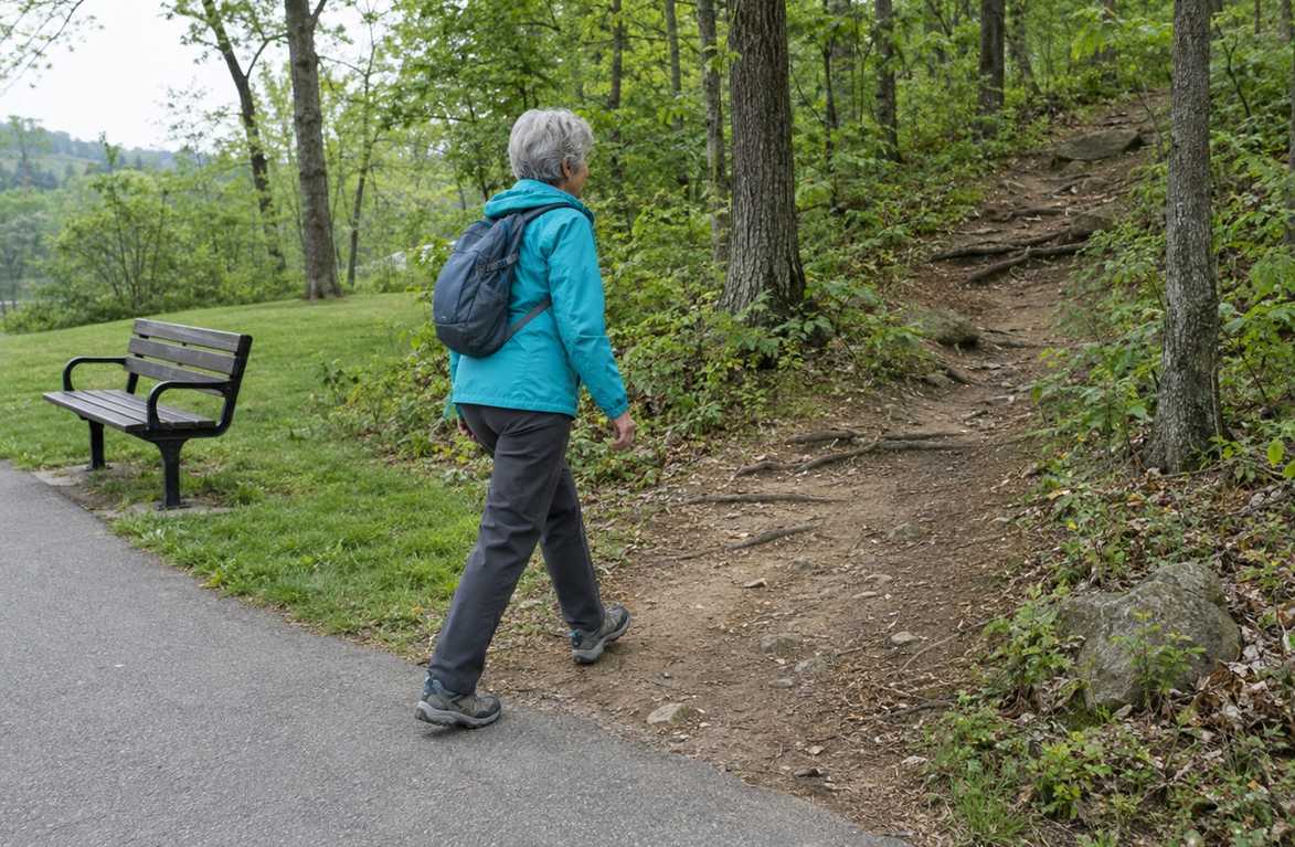 An older walker stepping from the end of a paved park path onto a dirt trail leading into the woods