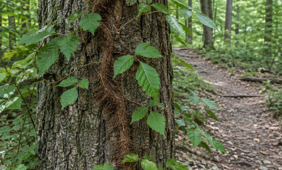 A thick hairy poison ivy vine climbing the trunk of a tree beside a trail