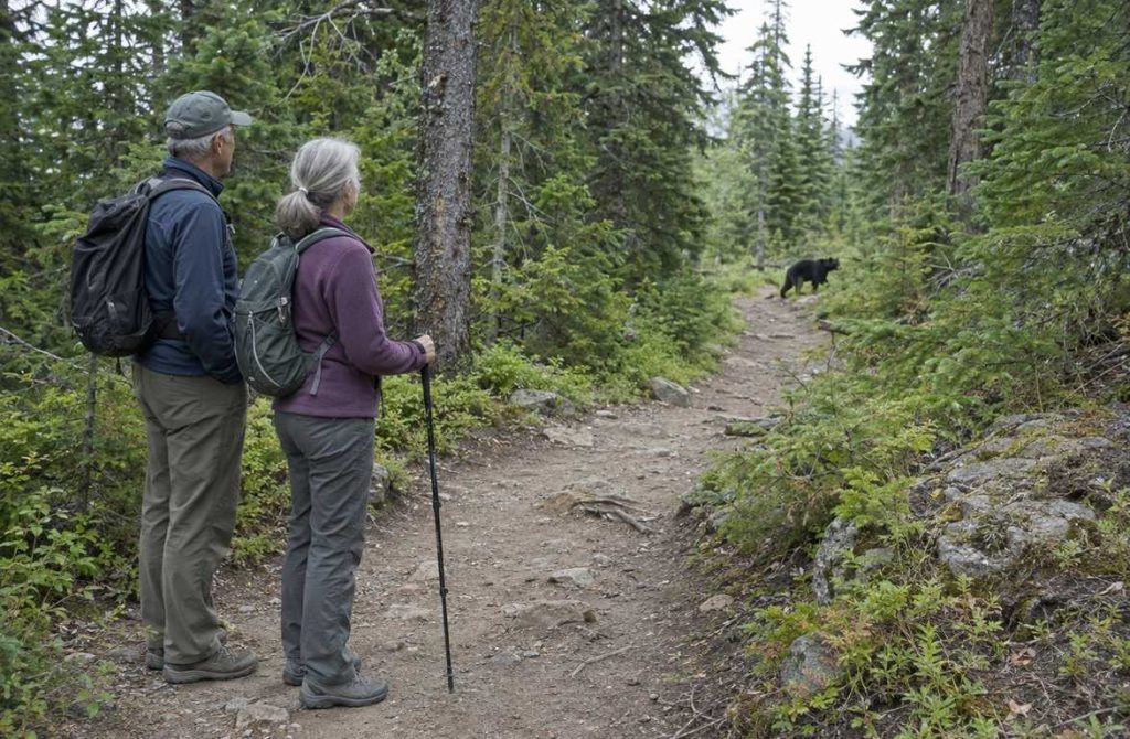 Two older hikers standing still on a forest trail, watching a black bear far ahead cross the path