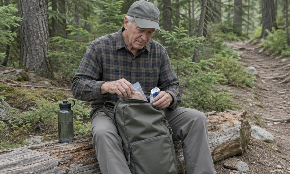 A hiker zipping a lunch bag into a daypack at a trailside log before moving on