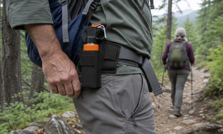 A hiker's hip belt holster holding a can of bear spray within easy reach